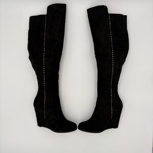✨ SOPHIE Black Suede Wedge Over-the-Knee Boots – Size 7.5 (Stud Detail)